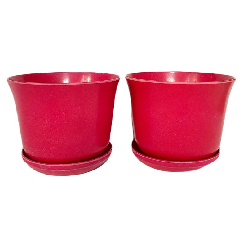 DECOGREEN - Set 2 maceteros y platos biodegradable bamboo curvo rojo 16,5x16,5x13
