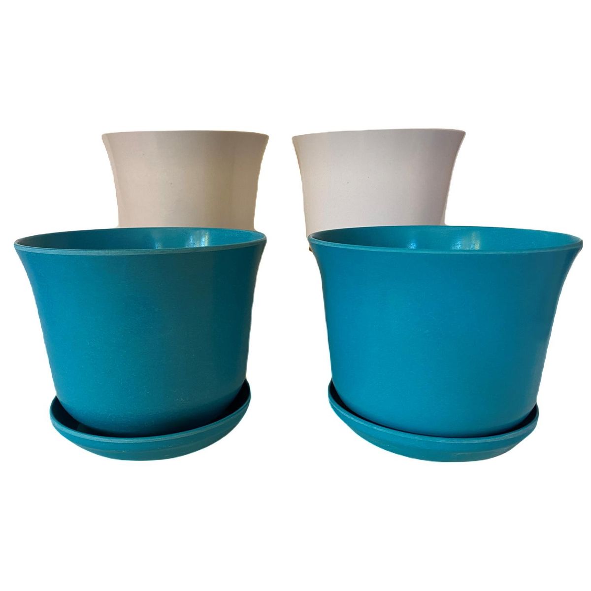 DECOGREEN - Set 4 maceteros y platos biodegradable bamboo 2 blanco 2 turquesa