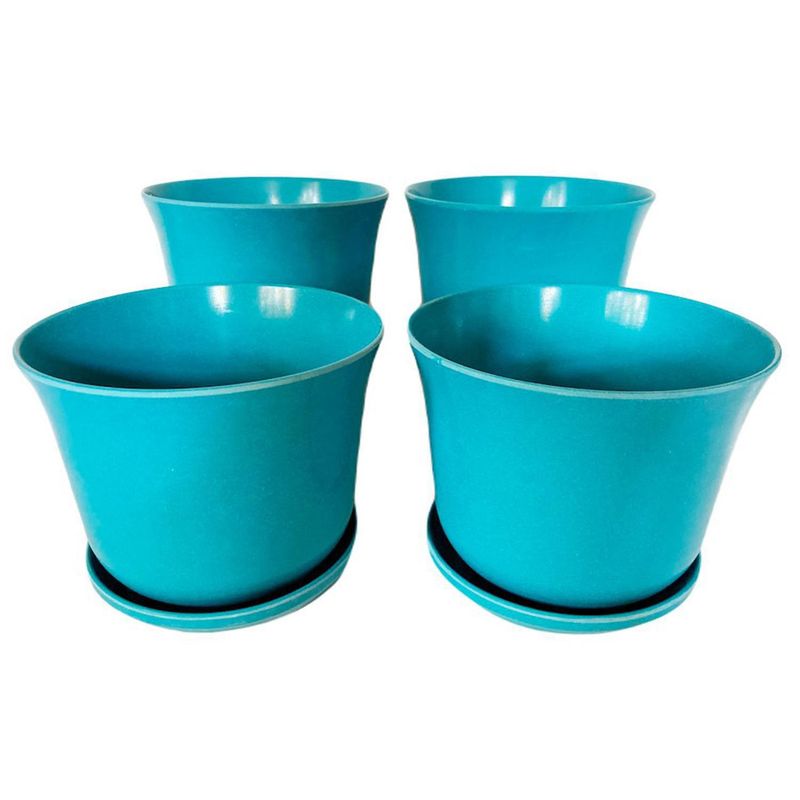 DECOGREEN - Set 4 Maceteros y Platos Biodegradables de Bambú 16.5x13 Turquesa