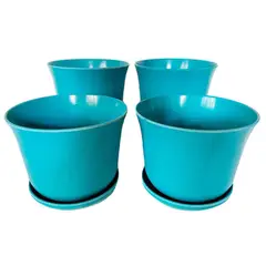 DECOGREEN - Set 4 Maceteros y Platos Biodegradables de Bambú 16.5x13 Turquesa