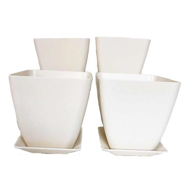 DECOGREEN - Set  4 maceteros y platos bio bamboo cuadrado blanco 13,3x13,3x12,4 cm
