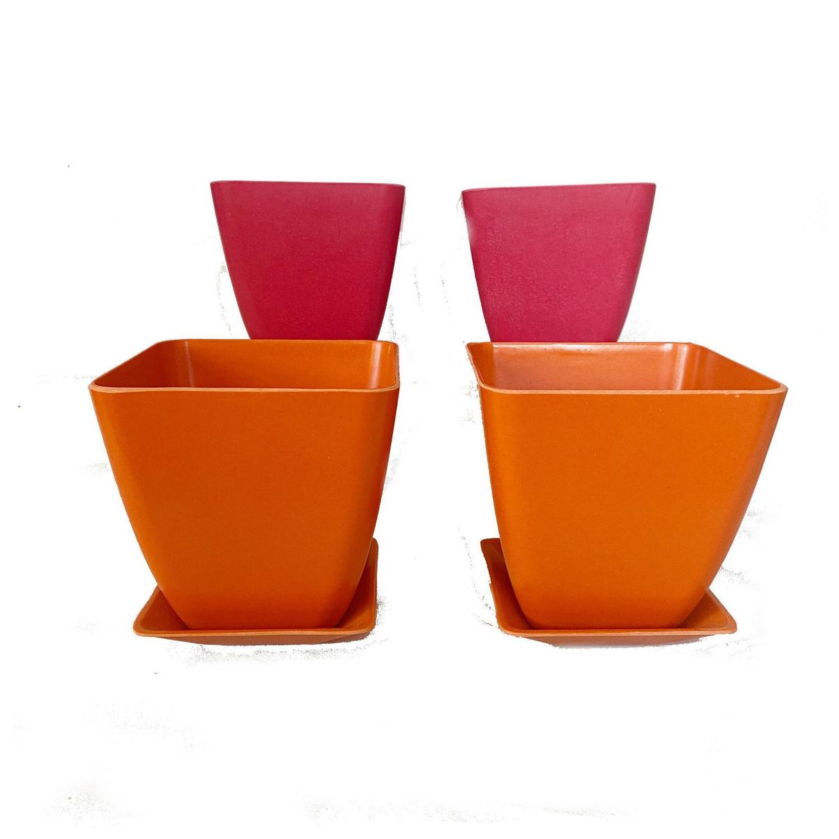 DECOGREEN - Set 4 macetero y plato biodegradable bambú cuadrado 2 coral 2 naranjo