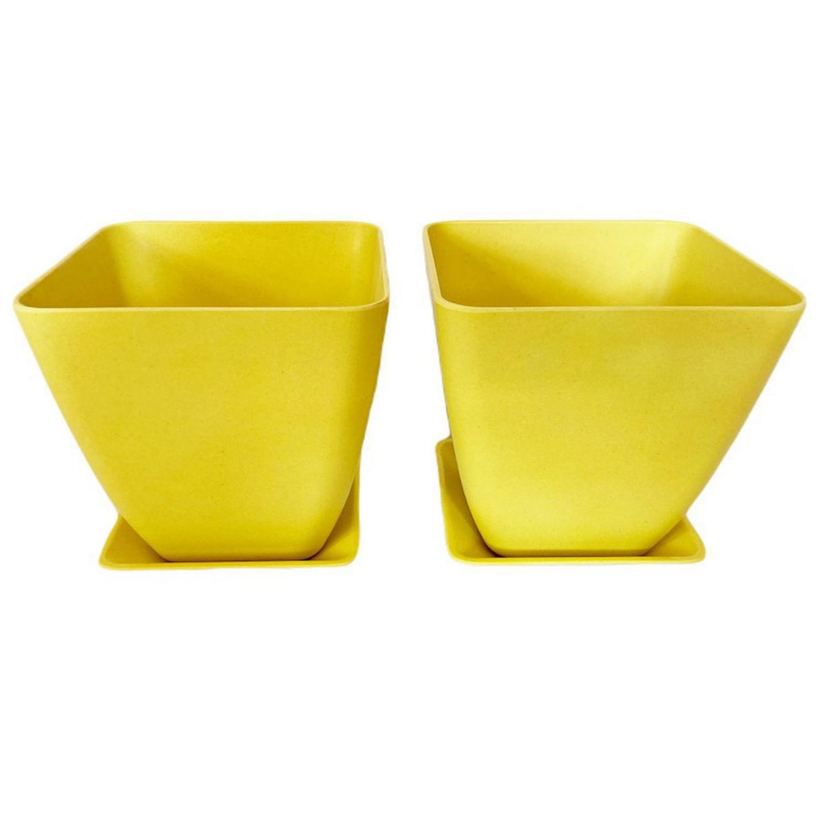 DECOGREEN - Set 2 Maceteros y Platos Biodegradable Cuadrados de Bambú 12.4x13.3 cm Amarillo
