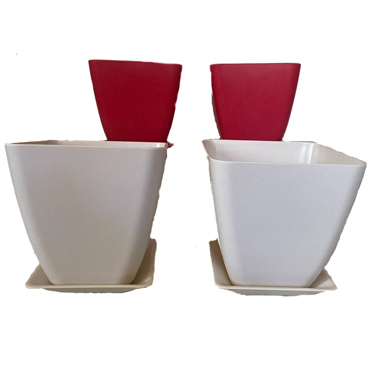DECOGREEN - Set 4 macetero y plato biodegradable bamboo cuadrado 2 blanco 2 coral