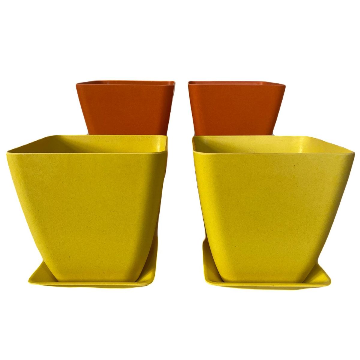 DECOGREEN - Set 4 macetero y plato biodegradable bambú cuadrado 2 naranj 2 amarill