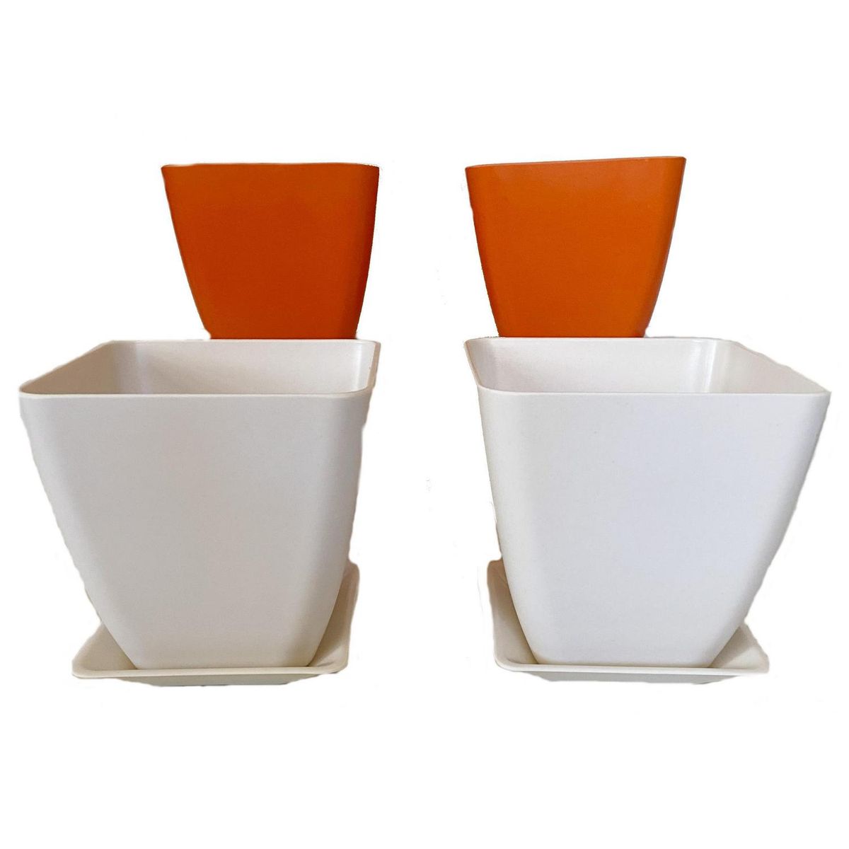 DECOGREEN - Set 4 macetero y plato biodegradable bambú cuadrado 2 blanco 2 naranjo