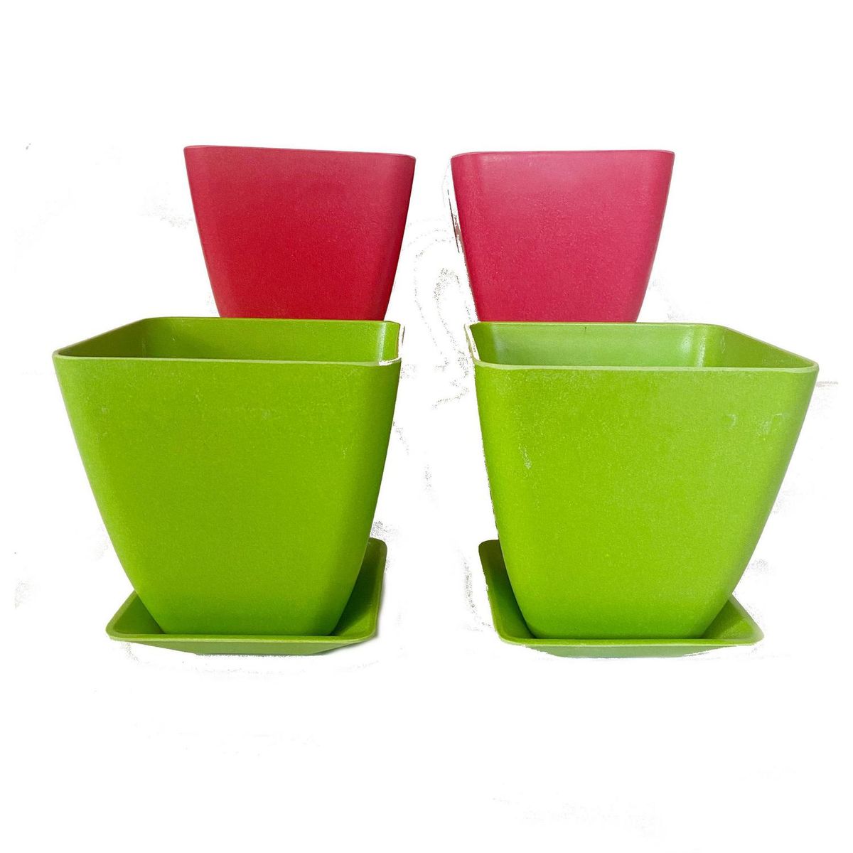 DECOGREEN - Set 4 maceteros y platos biodegradable bamboo cuadrado 2 verde 2 coral