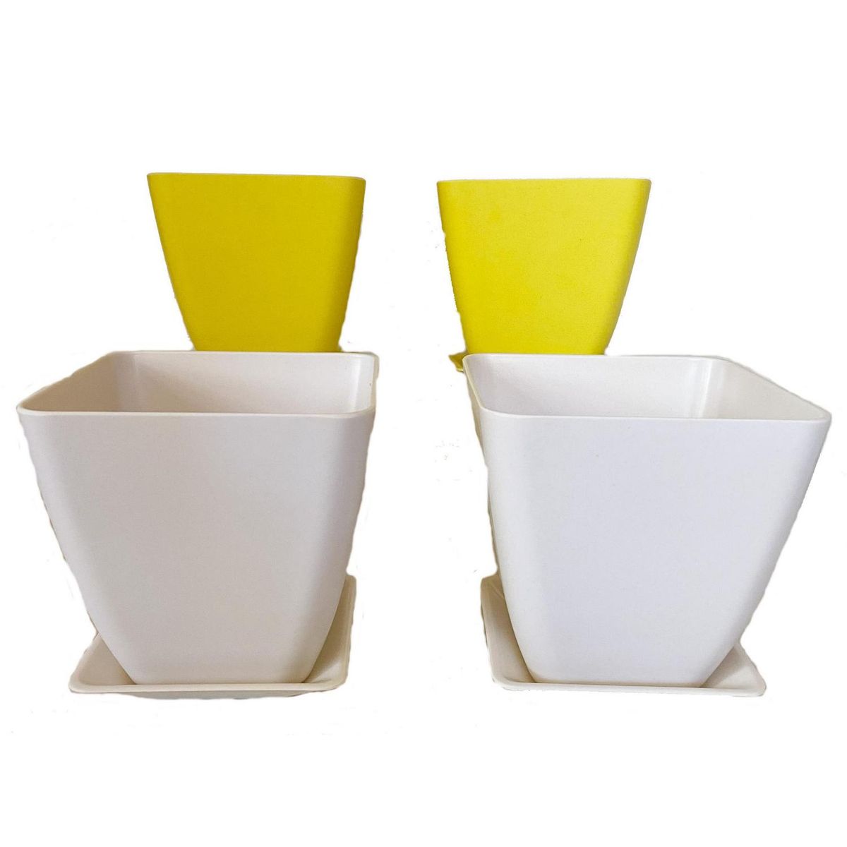 DECOGREEN - Set 4 macetero y plato biodegradable bambú cuadrado 2 blanco 2 amarill