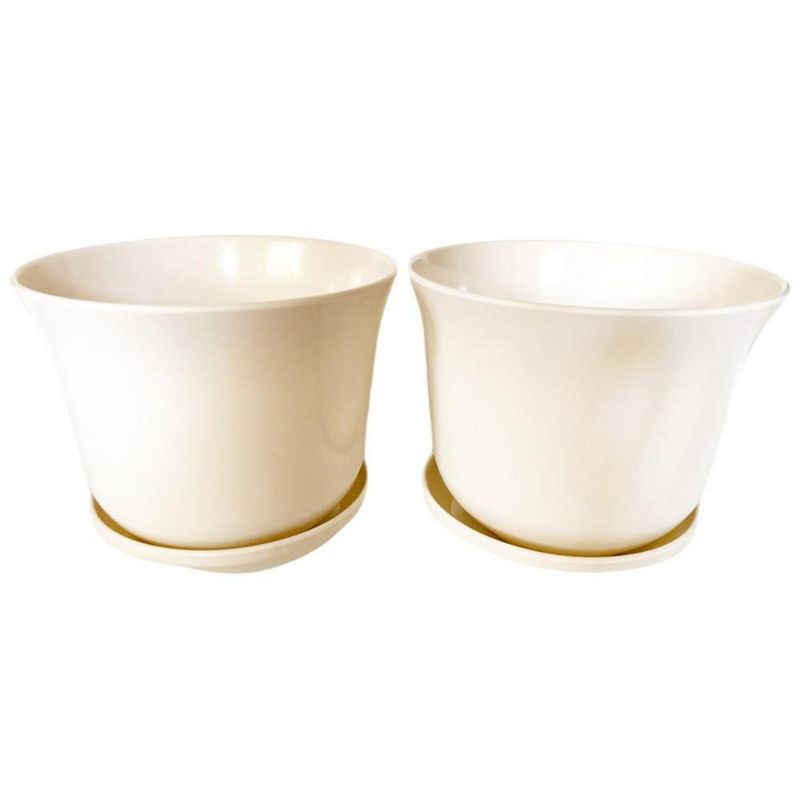 DECOGREEN - Set 2 maceteros y platos biodegradable bambú curvo blanco 16,5x16,5x13