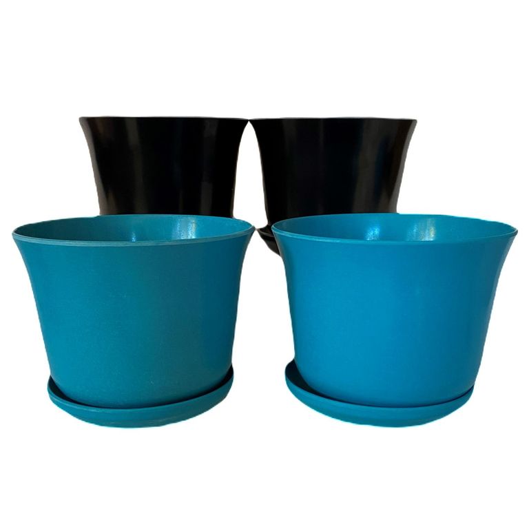 Set 4 maceteros y platos biodegradable bamboo curvo 2 turquesa 2 negro