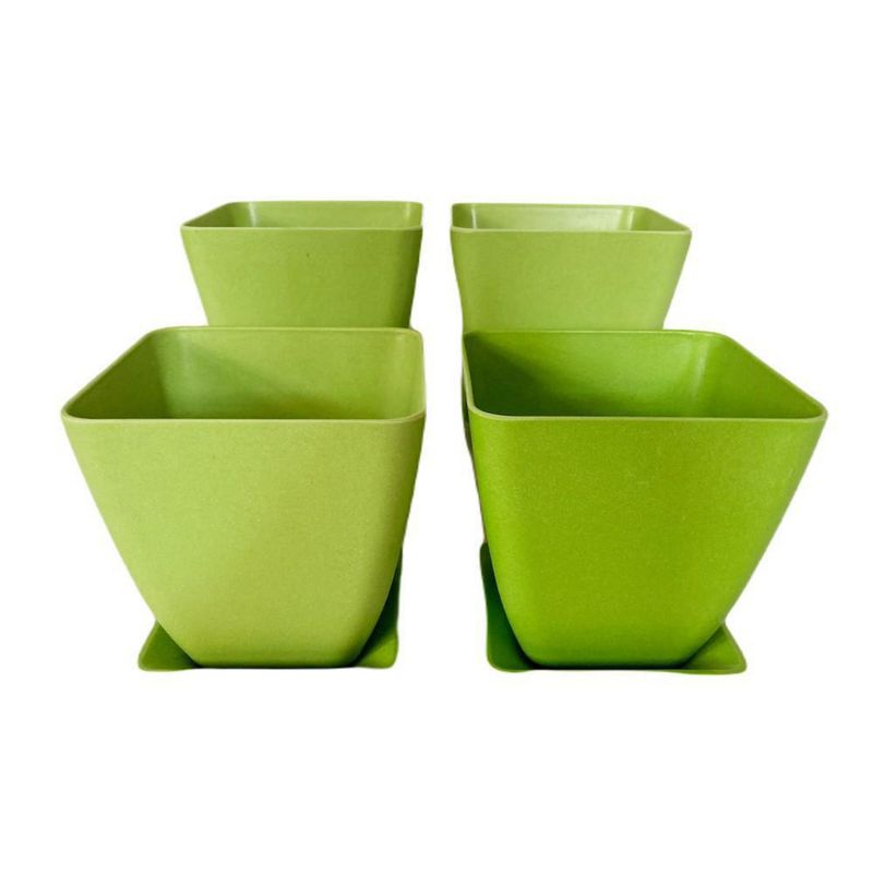 DECOGREEN - Set 4 maceteros y platos bio bamboo cuadrado verde 13,3x13,3x12,4 cm