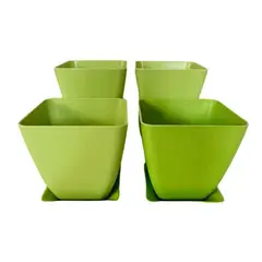 DECOGREEN - Set 4 maceteros y platos bio bamboo cuadrado verde 13,3x13,3x12,4 cm
