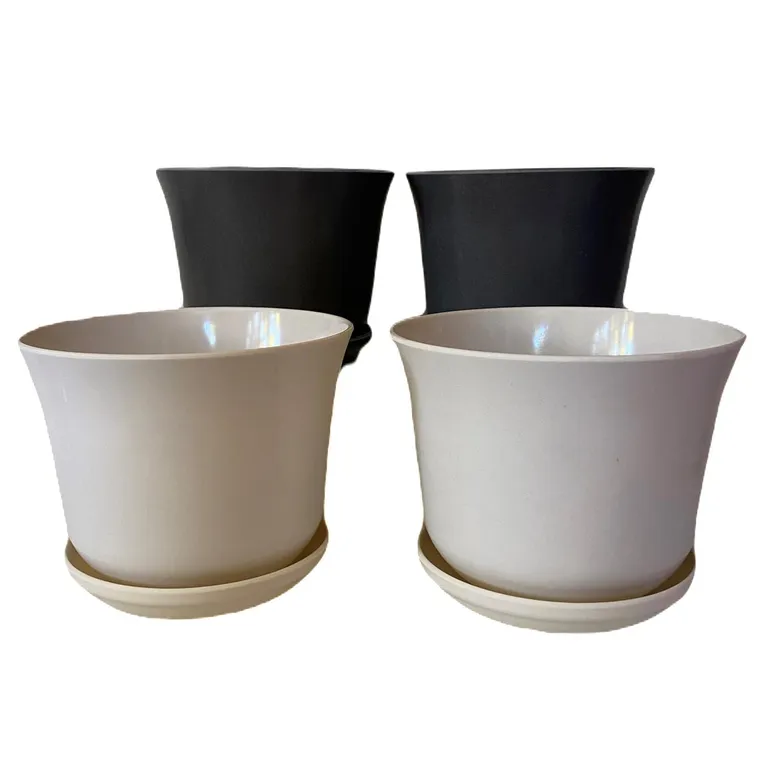 Set 4 maceteros y platos biodegradable bamboo curvo 2 blanco 2 gris