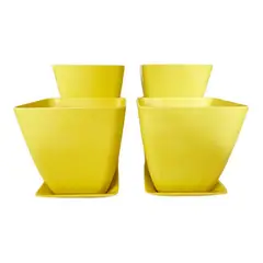 DECOGREEN - Set 4 maceteros y platos bio bamboo cuadrado amarillo 13,3x13,3x12,4cm