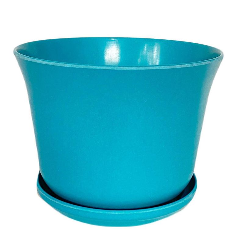 DECOGREEN - Set macetero y plato biodegradable bamboo curvo turquesa 16,5x16,5x13