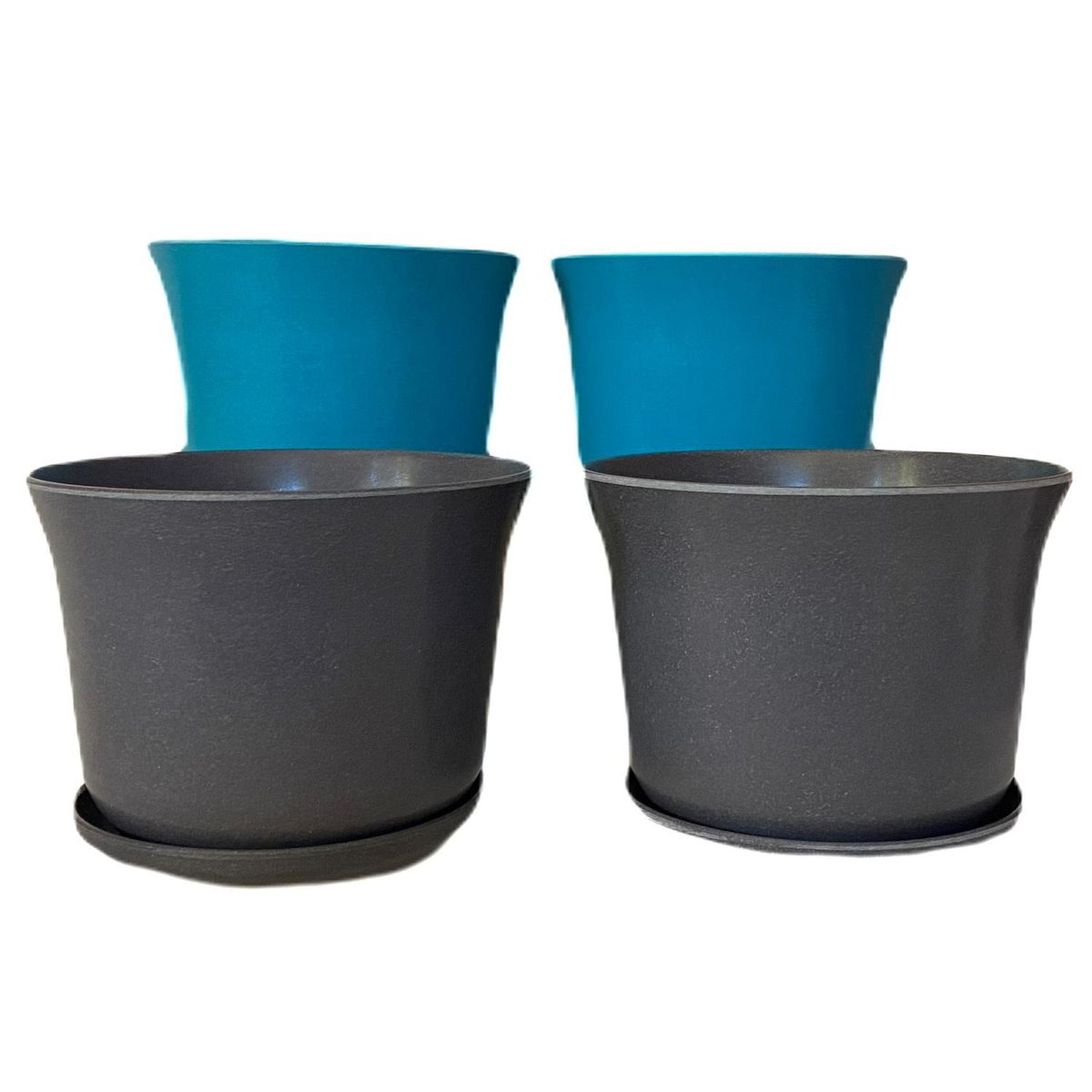 DECOGREEN - Set 4 maceteros y platos biodegradable bamboo curvo 2 turquesa 2 gris