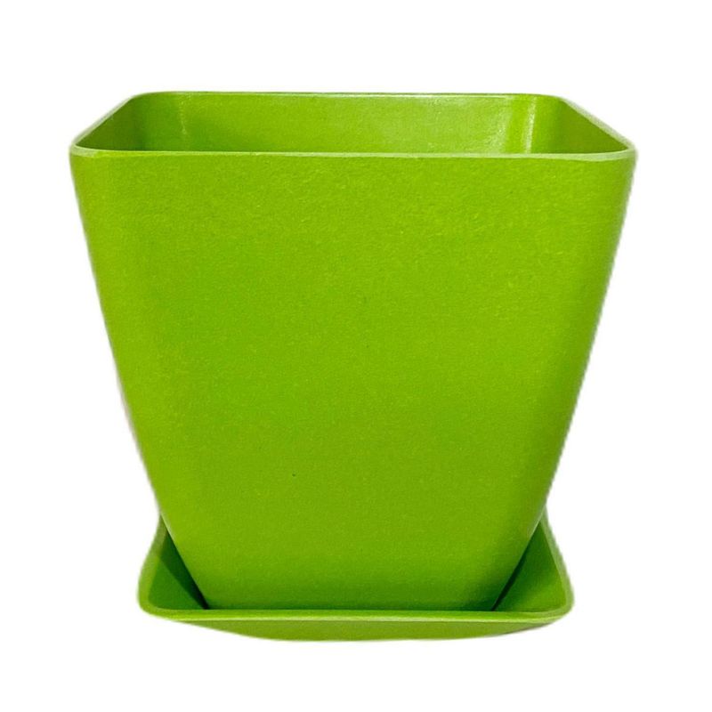 DECOGREEN - Set macetero con plato bio bamboo cuadrado verde 13,3x13,3x12,4 cm