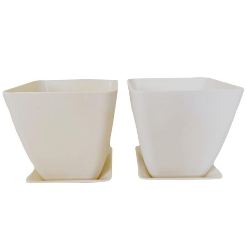 DECOGREEN - Set 2 maceteros y platos bio bamboo cuadrado blanco 13,3x13,3x12,4 cm