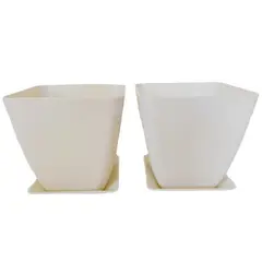 DECOGREEN - Set 2 Maceteros y Platos Biodegradables Cuadrados de Bambú 12.4x13.3 Blanco