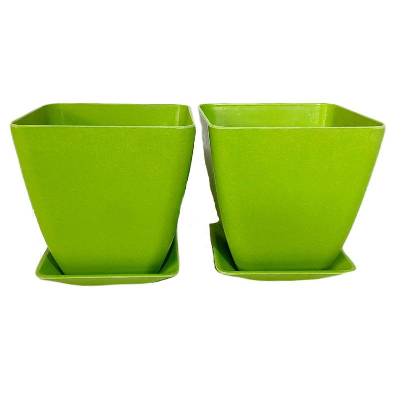 DECOGREEN - Set 2 maceteros y platos bio bamboo cuadrado verde 13,3x13,3x12,4 cm