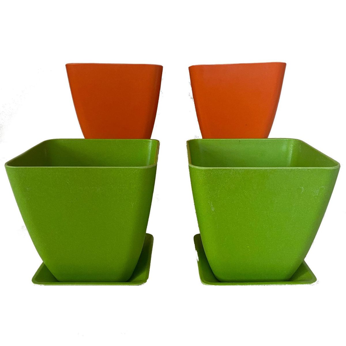 DECOGREEN - Set 4 macetero y plato biodegradable bamboo cuadrado 2 verde 2 naranjo