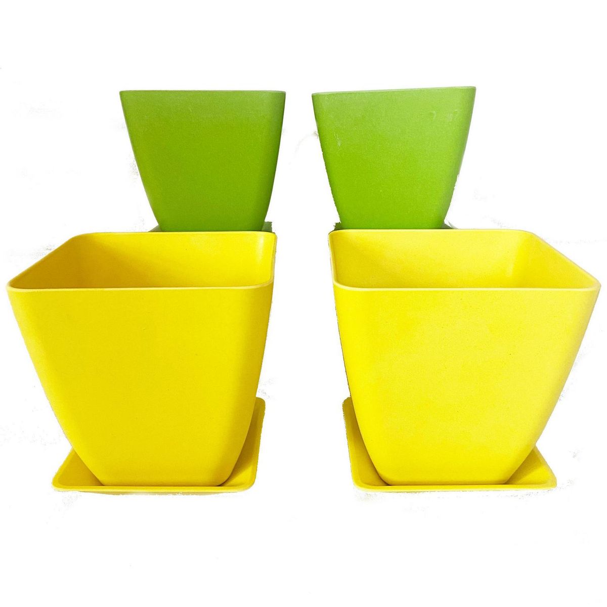 DECOGREEN - Set 4 macetero y plato biodegradable bambú cuadrado 2 verde 2 amarillo