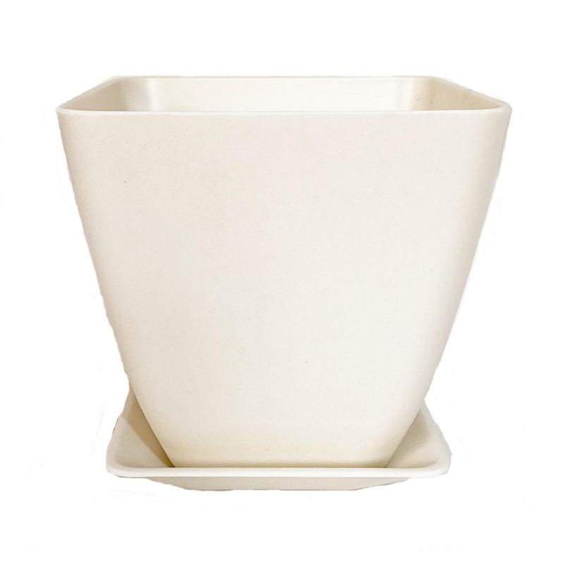 DECOGREEN - Set Macetero y Plato Biodegradable Cuadrado de Bambú 12.4x13.3 Blanco