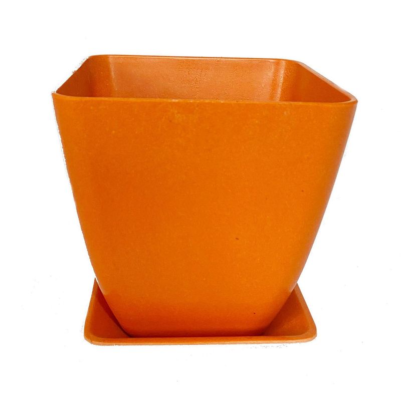 DECOGREEN - Set macetero con plato bio bamboo cuadrado naranjo 13,3x13,3x12,4 cm