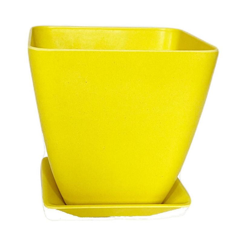 DECOGREEN - Set macetero y plato bio bamboo cuadrado amarillo 13,3x13,3x12,4