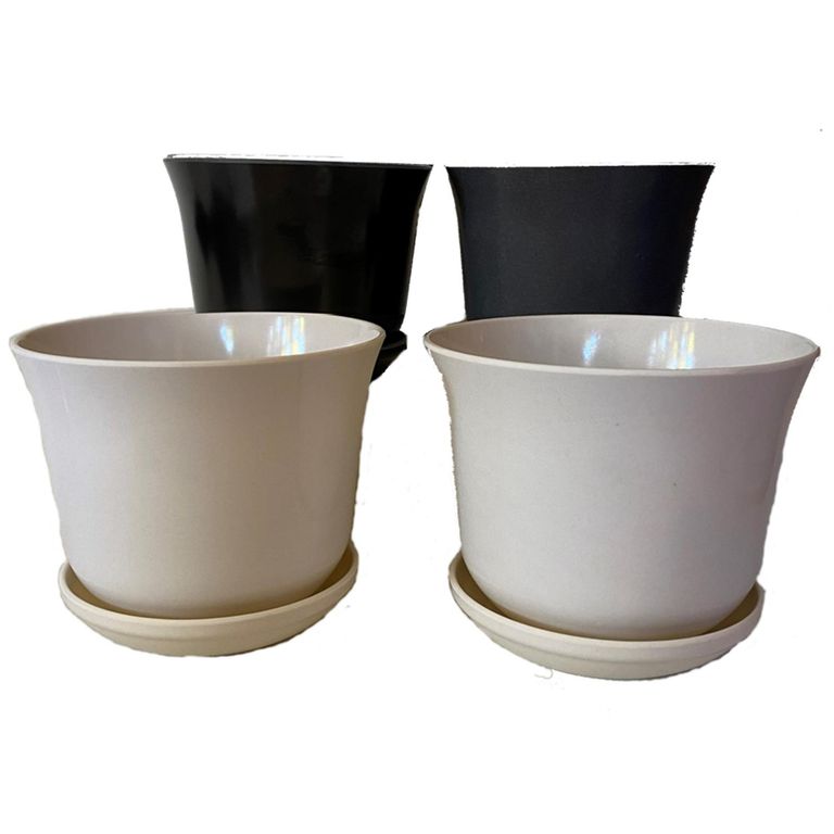 Set 4 maceteros y platos biodegradable bamboo curvo 2 blanco 2 negro