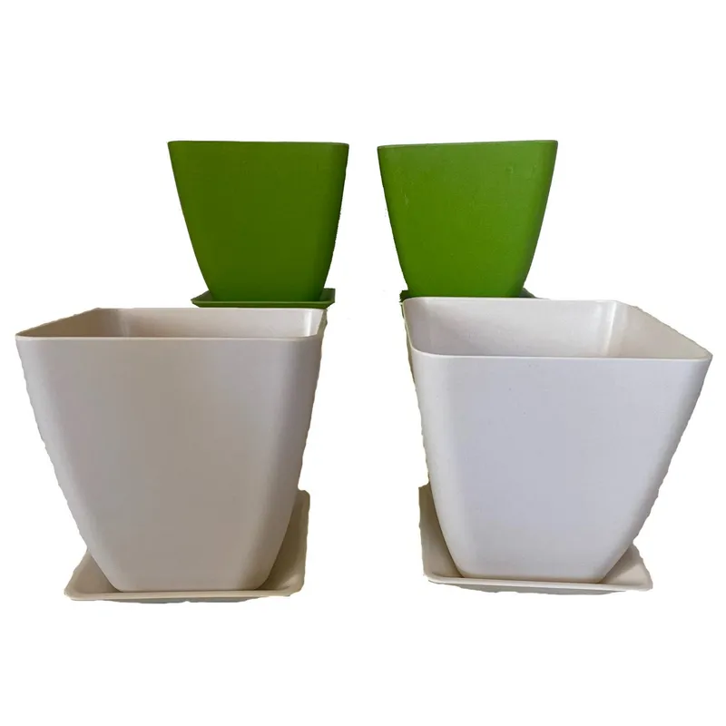 DECOGREEN - Set 4 Maceteros y Platos Biodegradables Cuadrados de Bambú 12.4x13.3 Verde y Blanco
