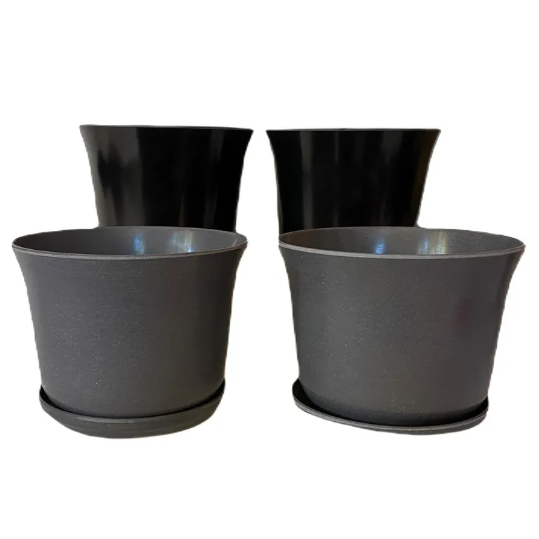 Set 4 maceteros y platos biodegradable bamboo curvo 2 negro 2 gris