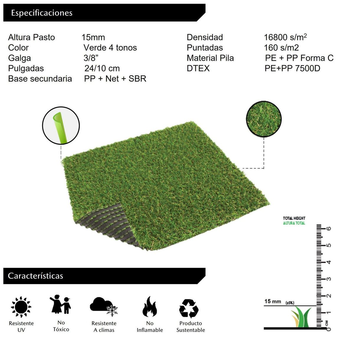 GEOTEX - Pasto Sintético 15 mm 4x5 metros