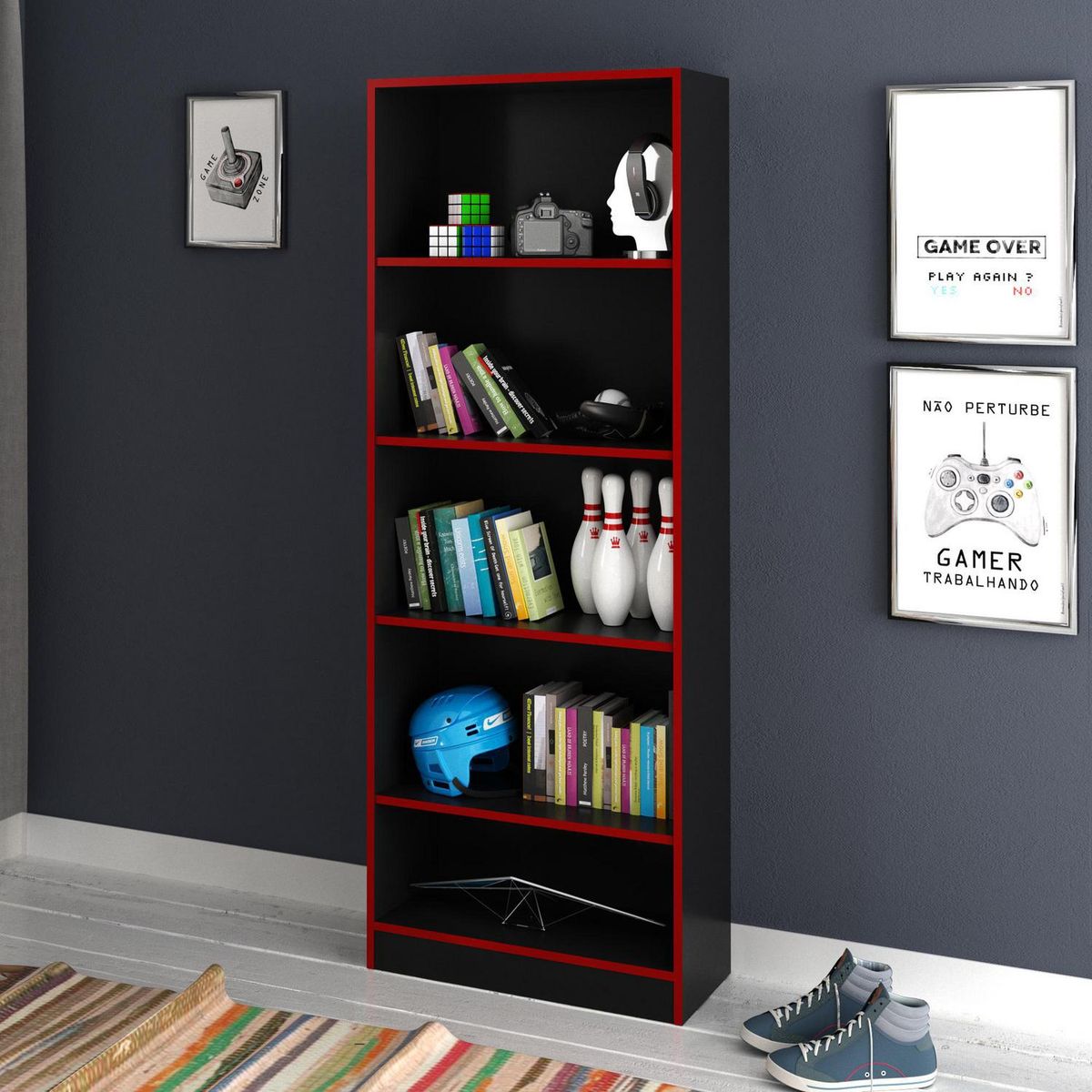 TECNOMOBILI - Estante Gamer MDP 5 Nivel(es) 59.8x160x25.5 cm Negro/Rojo