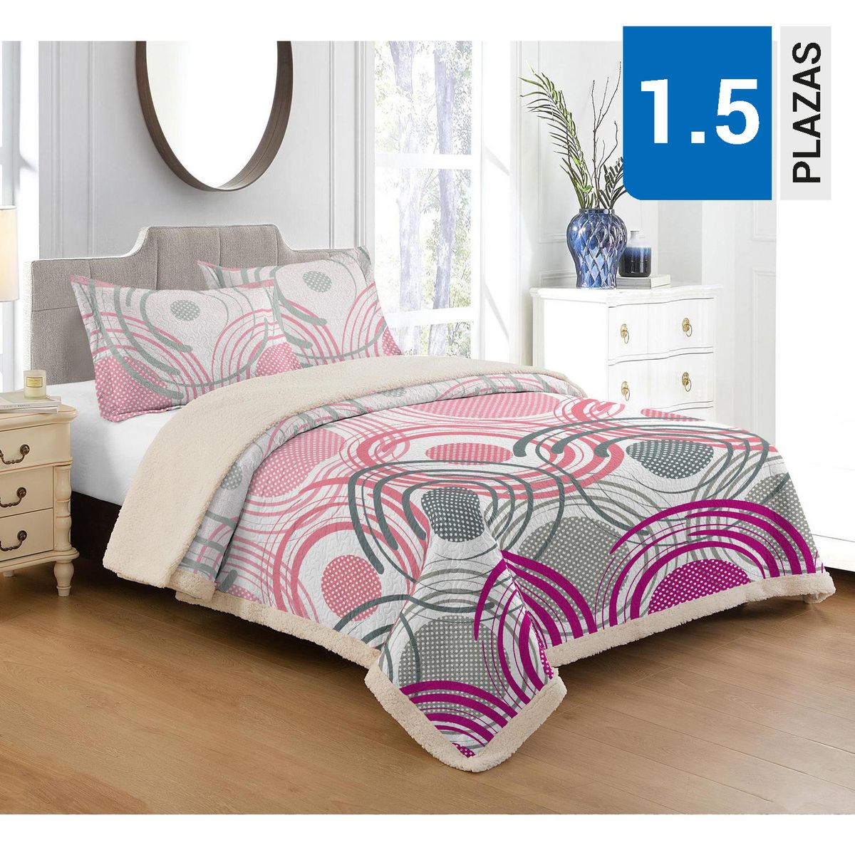 ILLUSIONS - Cubrecama Quilt 1.5 plazas Sherpa Rysy Rosado 
