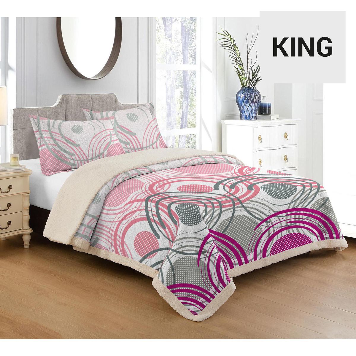 ILLUSIONS - Cubrecama Quilt King Sherpa Rysy Rosado 