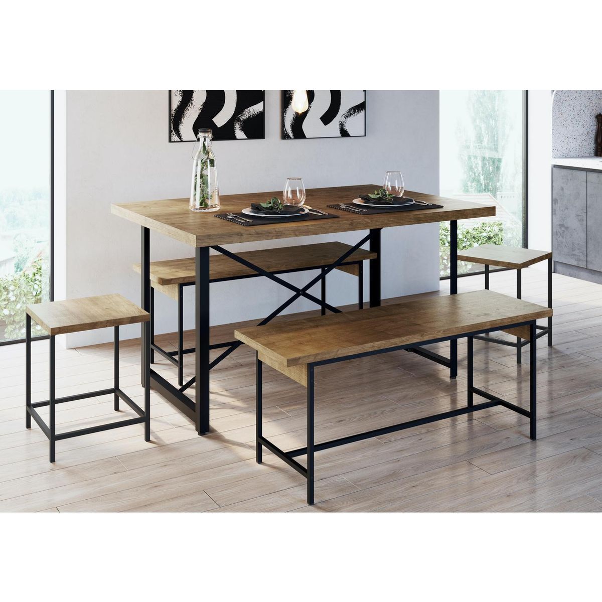 DECOCASA - Juego de Comedor Steel York 6 Sillas Mesa Rectangular 90x75x136 cm Negro/Café