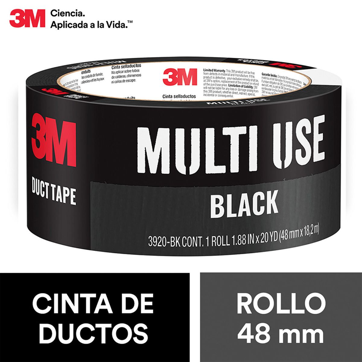 3M - Cinta de Tela Duct Tape de reparación Negra 48 mm x 18 mts