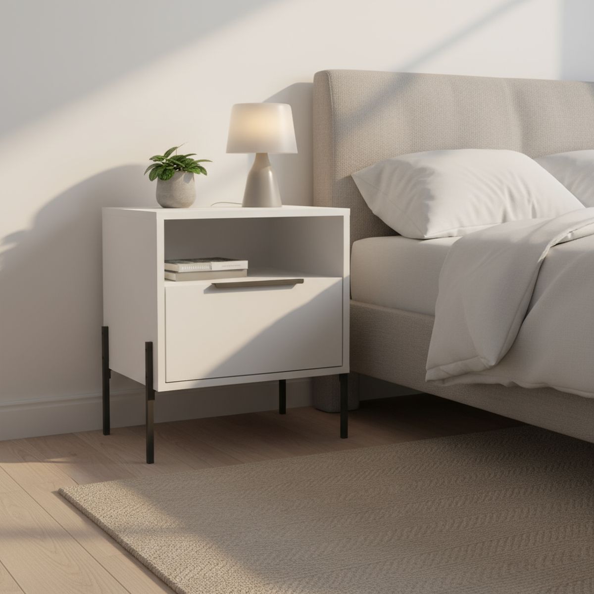 TUHOME - Velador 1 Puerta 1 Cajón(es) White Collection 47.6x52x34.8 cm Blanco