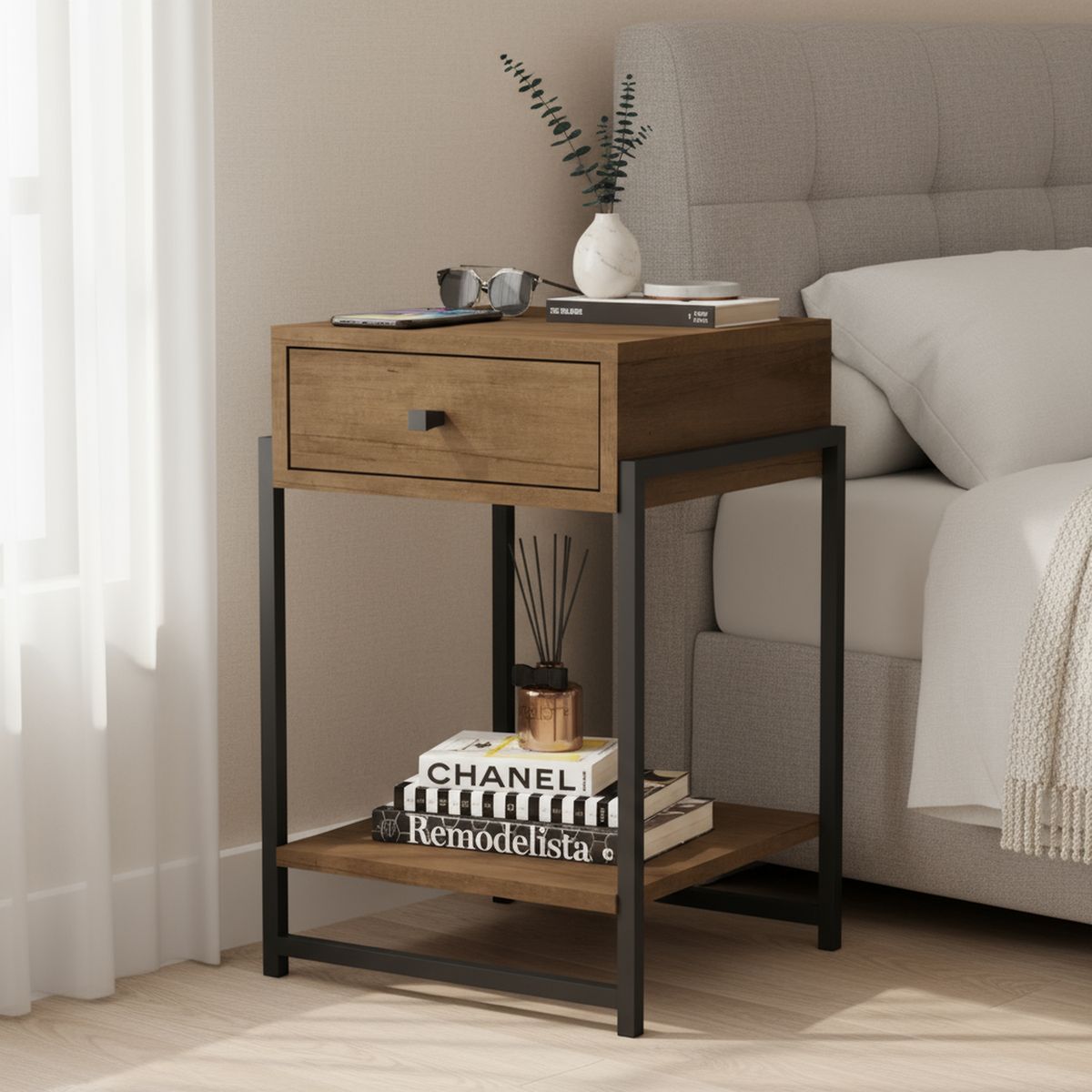 BE DESIGN - Velador 1 Cajón(es) Industrial 35x54x36 cm Canela