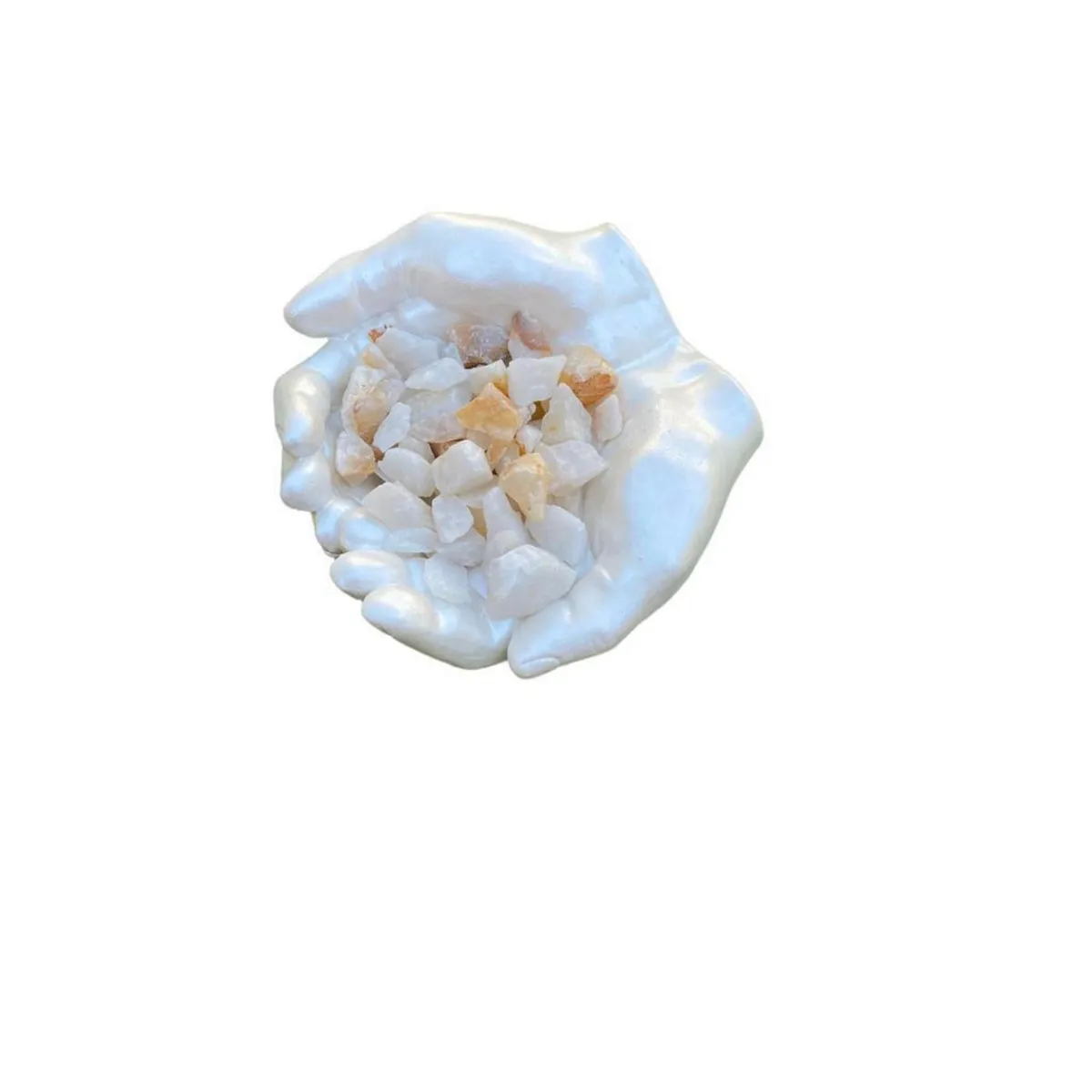 SAT NAM INSPIRES - Manos de la abundancia blanca + piedra cuarzo 13 cm