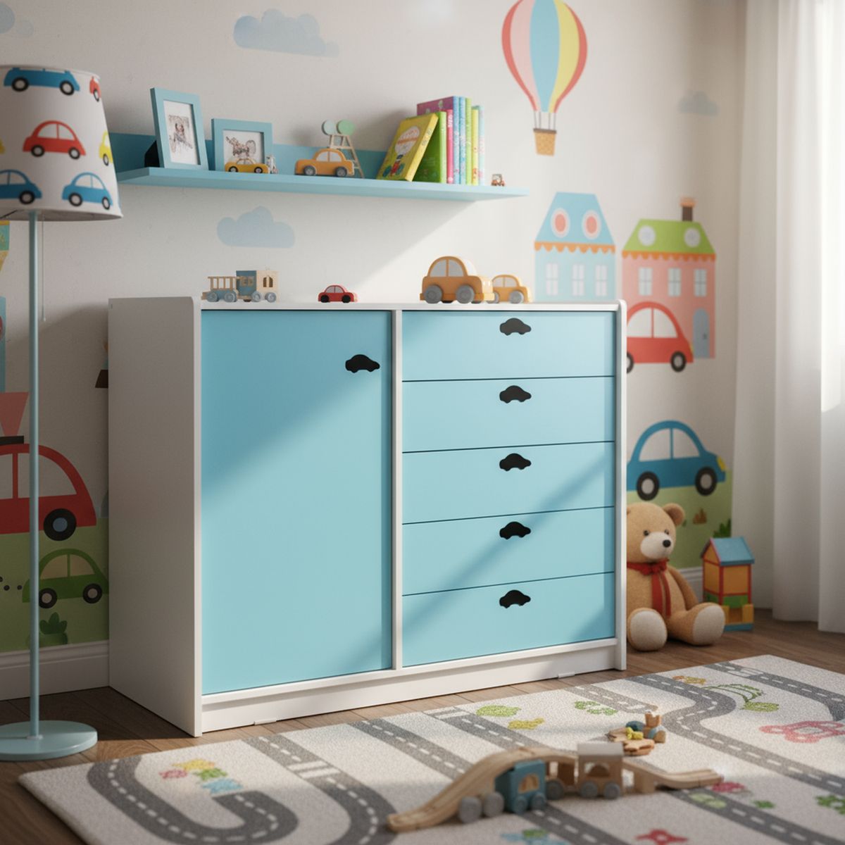 MUEBLES KIDS - Mini Closet 5 Cajón(es) Auto 120x120x45 cm Celeste