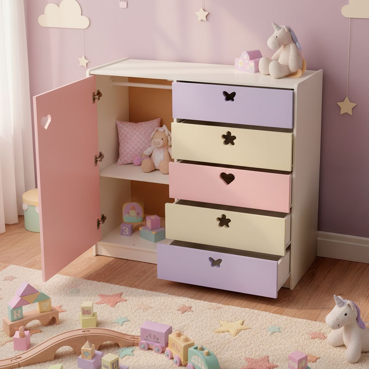 MUEBLES KIDS - Mini Closet 5 Cajón(es) Estrella Corazón 120x120x40 cm Crema Lila