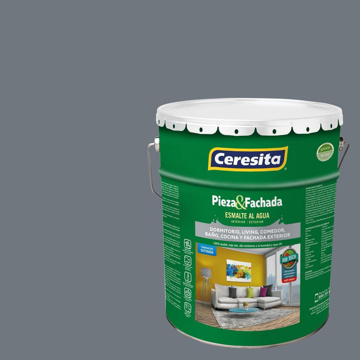 CERESITA - Esmalte al Agua Pieza y Fachada Tineta 4 galón(es) Satinado Gris 8525D