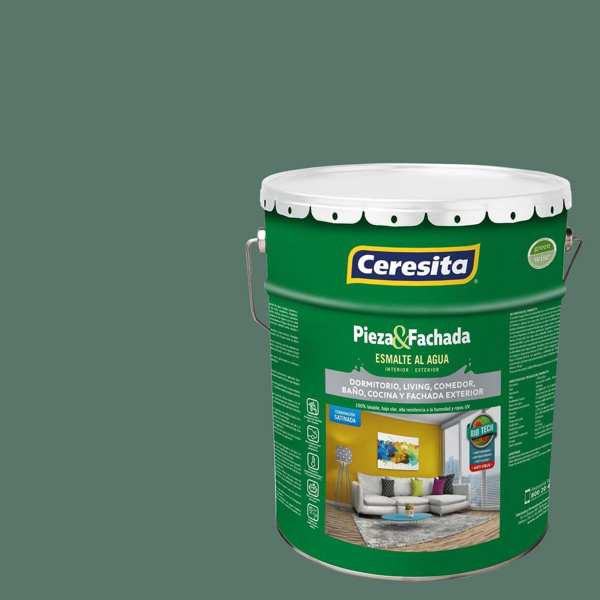 CERESITA - Esmalte al Agua Pieza y Fachada Tineta 4 galón(es) Satinado Verde 8106N