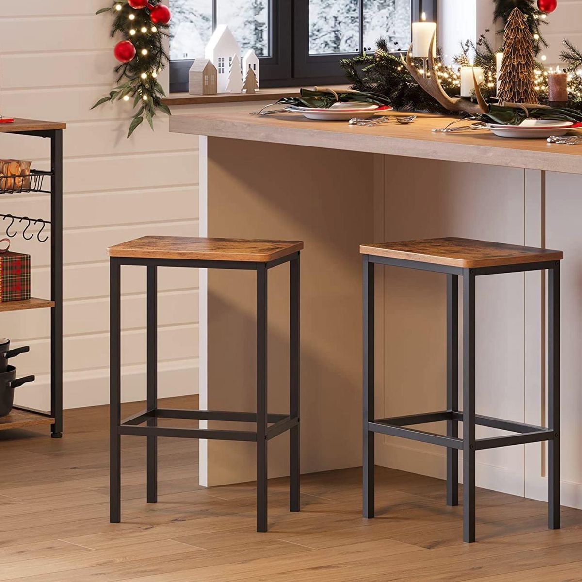 POTTERY - Set 2 Taburetes Rústico Marrón/Negro 65x30x40 cm