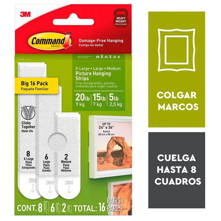 Pack Tiras para colgar Cuadros blancas 3 varios tamanos 16 pares