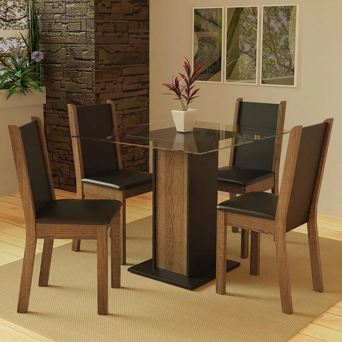 VEKKAHOME - Juego de Comedor John 4 Sillas Mesa Cuadrada 80x77x80 cm Café