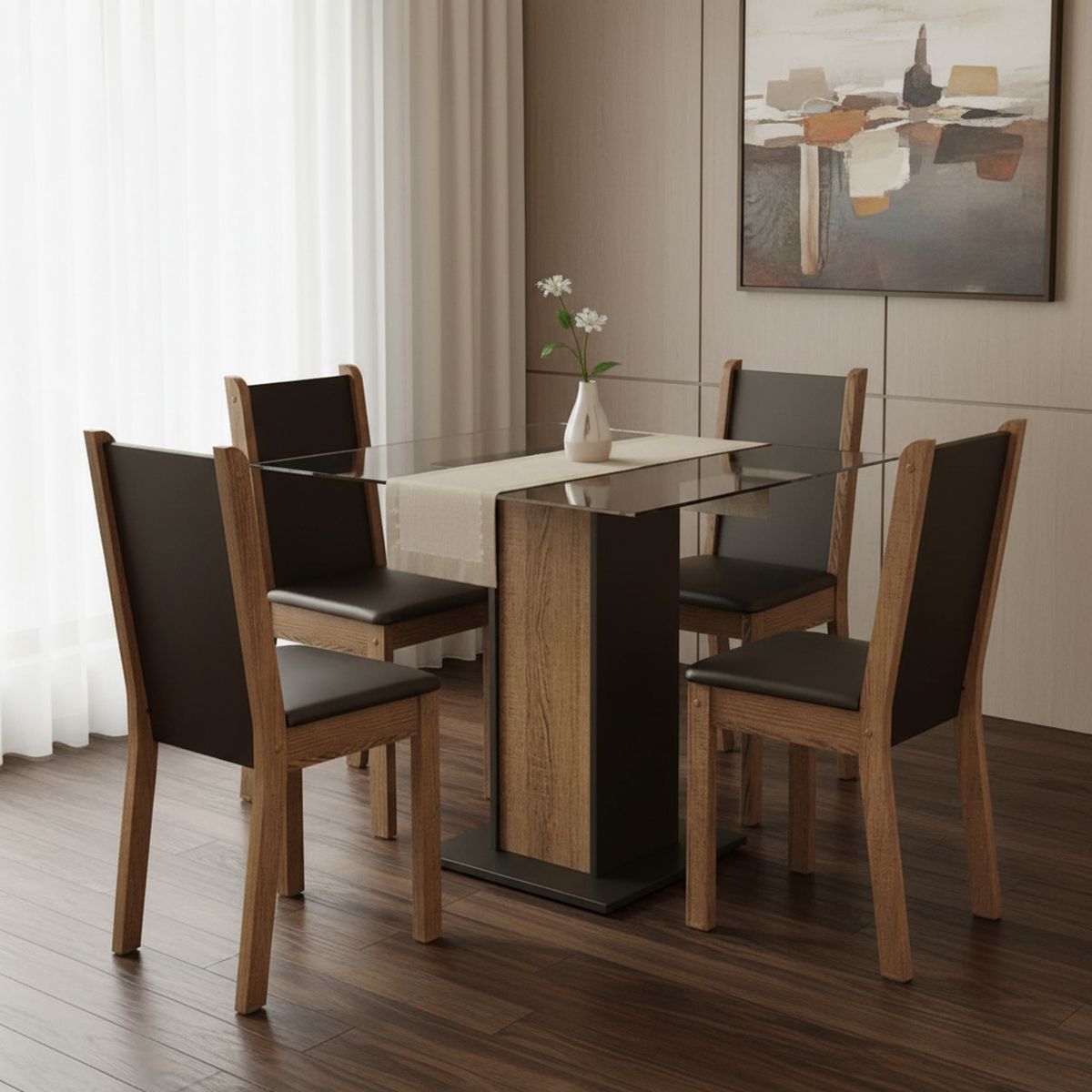 VEKKAHOME - Juego de Comedor John 4 Sillas Mesa Cuadrada 80x77x80 cm Café