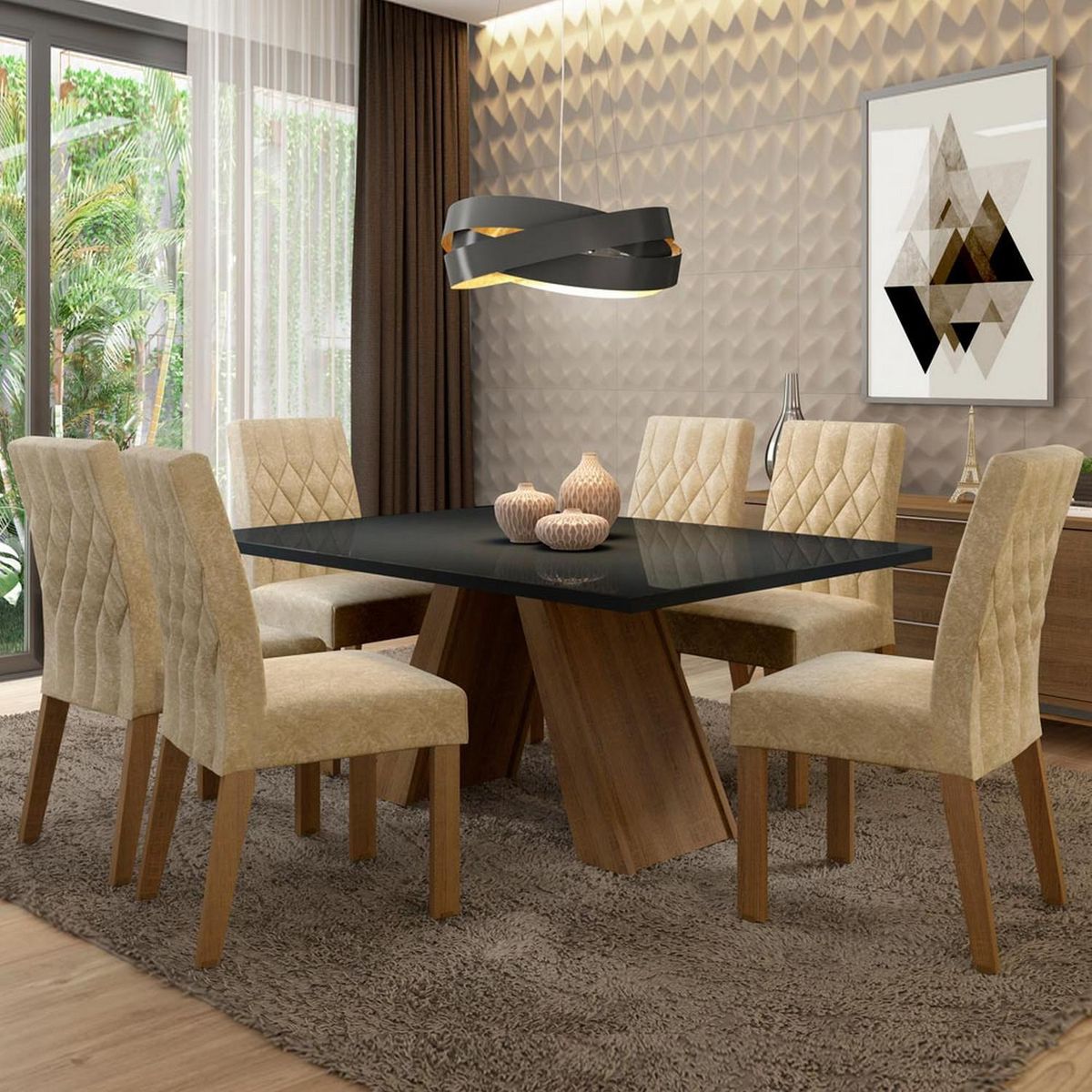 VEKKAHOME - Juego de Comedor Roma 6 Sillas Mesa Rectangular 90x78x160 cm Negro